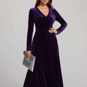 V-Neck Long Sleeve Velvet Dress